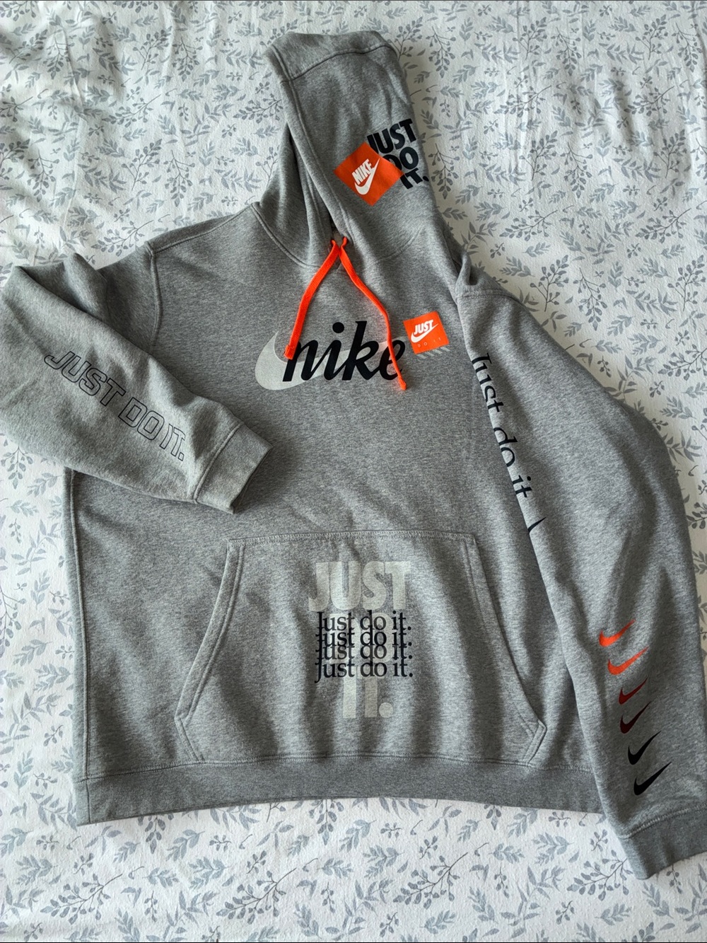 Nike Men's Gray Crewneck Hoodie with Orange Accents